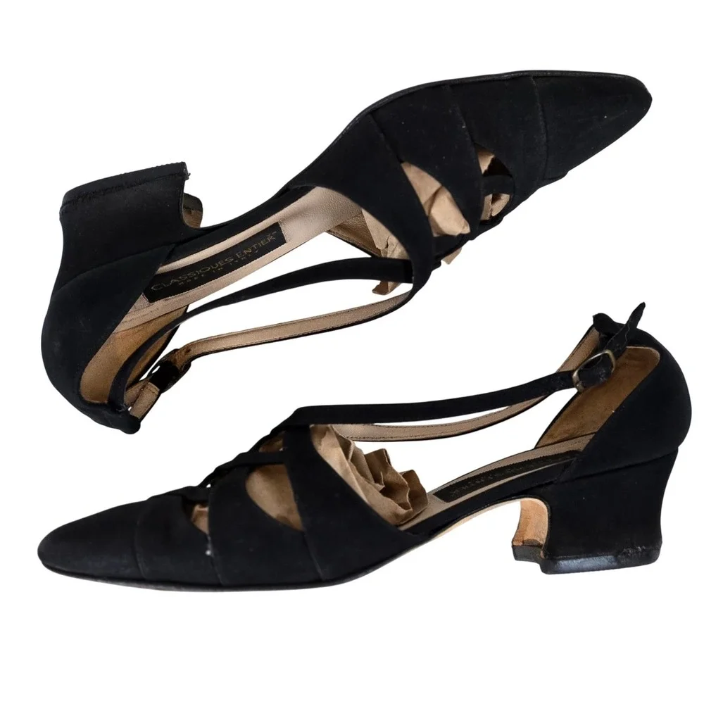 Classiques Entier Black Suede Leather‎ Heels Pointed Toe Strappy Dress Shoes
